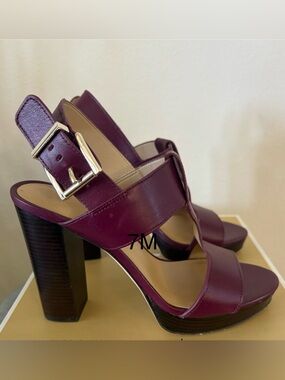 Michael Kors Plum Leather Strappy 4” Block Heel Sandals